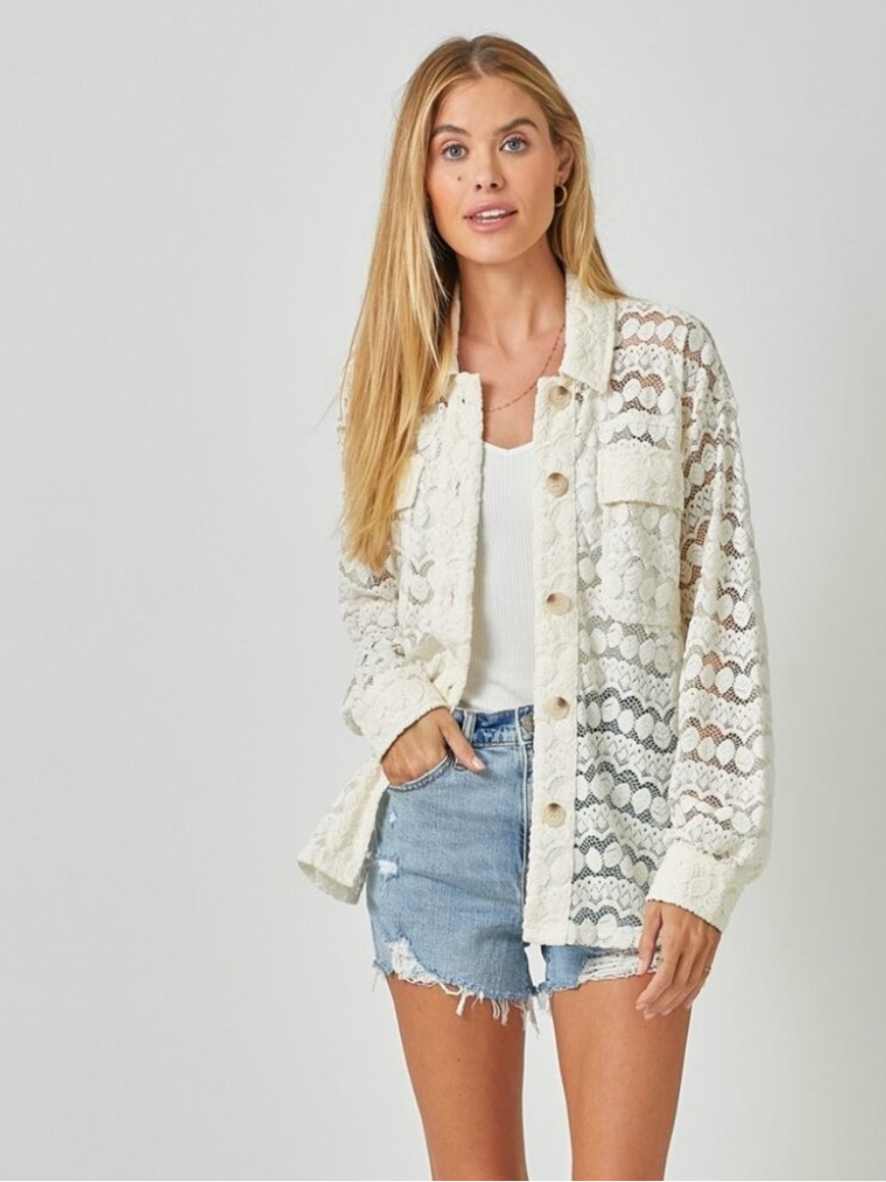 NWT Mystree Cream Lace Button-Front Shirt Jacket - Size Small